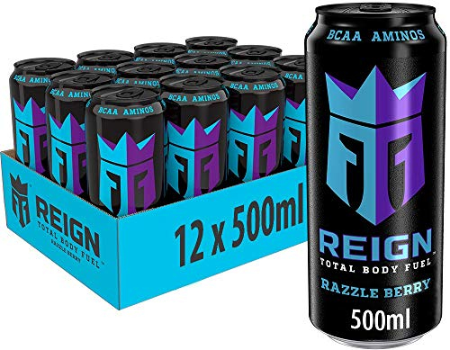 Reign Razzle Berry - koffeinhaltiger Energy Drink mit fruchtigem Geschmack aus Blaubeere und Himbeere - ohne Zucker, ohne Kalorien und ohne Farbstoffe - in praktischen Einweg Dosen (12 x 500 ml)