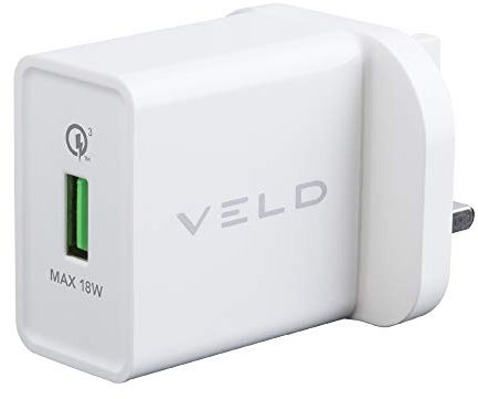 VELD 18W Super Fast USB Wall Charger, UK Mains Plug, QC 3.0, Compatible With Samsung Galaxy S10/S9/S8/S7/S20, iPhone 12/11/11 pro/Xs/XR/X/8/7/6/6S, Huawei, AirPods, Tablets, Qi Pads + other devices