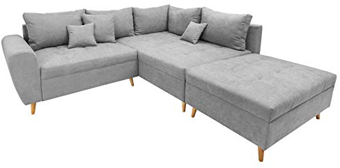 Invicta Interior Design Ecksofa Scandinavia 250cm hellgrau Nosag-Polsterung mit Hocker und Kissen Sofa Eckcouch Couch