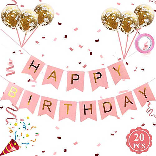 Happy Birthday Girlande Rosa, Geburtstagsdeko Mädchen Happy Birthday Banner mit Gold Konfetti Luftballons Latex Ballons, Rosa Girlanden Geburtstag Geburtstagsgirlande für Mädchen Junge Party Deko
