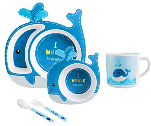 Earthism Vajilla ecológica de fibra de bambú para niños, 5 piezas, ballena azul