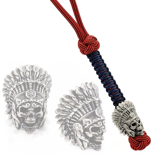 CooB EDC Paracord Messer Lanyard mit Metall Handgegossen Paracord Bead Anhänger Indianer Häuptling Schädel Schlüsselanhänger Schlüsselbänder für Messer (Silber)