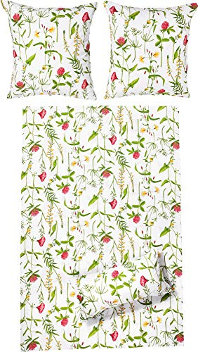 Erwin Müller Perkal-Seersucker Bettwäsche rot-grün-weiß Größe 80x80 cm / 155x200 cm geblümt, schnelltrocknend, bügelfrei, mit Reißverschluss