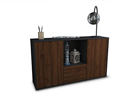 Stil.Zeit Sideboard Alvaro, Korpus anthrazit matt, Front Holz-Design Walnuss (135x79x35cm) Push-to-Open Technik & Leichtlaufschienen