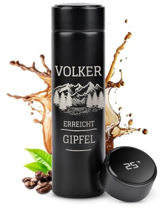 Maverton Thermobecher Kaffeebecher 450 ml, Isolierbecher personalisiert | 100% Dicht, Led Temperatur Anzeige, aus Edelstahl, Geschenk für Männer, schwarz, Gipfel