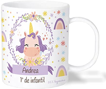 Bee Ingenious Taza PLÁSTICO infantil personalizada. Tazas nombre Vuelta al Cole infantil. Tazas con nombre. Tazas desayuno niños. Varios Diseños a Elegir. Colección: Dulce. Unicornio.