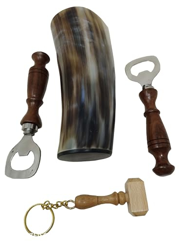 Galaxy Indiacraft Viking Corne de bœuf | Chope | Tasse | Tasse | Tasse pour bière, hydromel, vin, verre à liqueur, décapsuleur | 100 % sans fuite | Naturel et fait à la main | Offres combo (ensemble