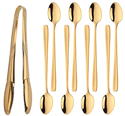 YDware Latte Macchiato Löffel Set Gold Longdrinklöffel 8 Stück und Eiszange 1 Stück, 20 cm - Lange Löffel für Cocktails & Desserts 304 Edelstahl Spülmaschinengeeignet