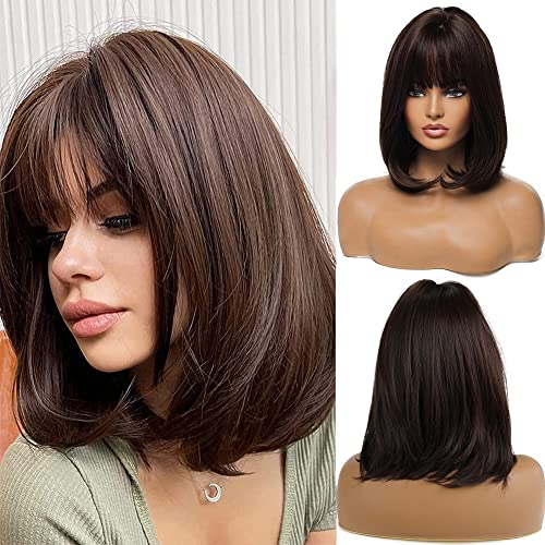Esmee 14 Zoll Kurze Dunkelbraune Bob Perücke mit Pony Leicht Lockiges Haar Endet Natürliches Synthetisches Haar Gerade Perücken für Frauen Tägliche Party Cosplay Tragen