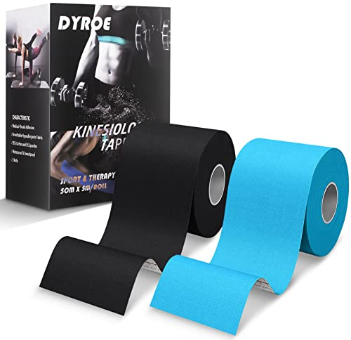 Dyroe Cinta de Kinesiología Tape,Set 2 Rollos 5 m x 5 cm Azul y Negro,Cinta deportiva elástica terapéutica para hombros, rodilla, codo, alivio del dolor, sin látex, resistente al agua, transpirable