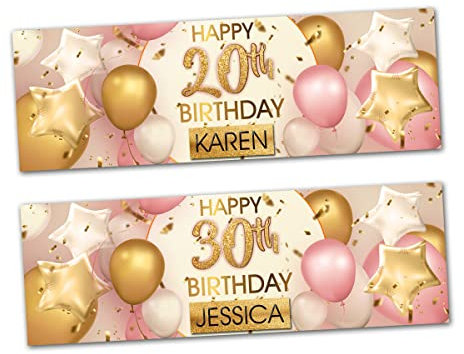 2 personalised birthday banner Rose Gold Pink celebration poster decoration star balloon bunting party banner-16th 18th 21st 30th 40th 50th 60th 70th