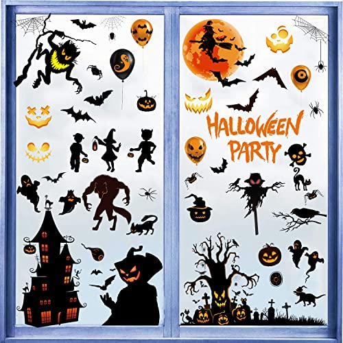 72 Stück Halloween-Fensteraufkleber, Wopin- schwarzes Schloss, Baum, Fledermaus, Spinne, Kürbis, Fensterglasaufkleber, Halloween-Fenster-Tatort-Dekorationen, Halloween-Party-Zubehör (9 Blatt)