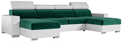 MKS MEBLE U-Form Wohnlandschaft Mit Schlaffunktion, XXL Sofa, Couch Mit Bettkasten - Fox U Grün Weiß Monolith