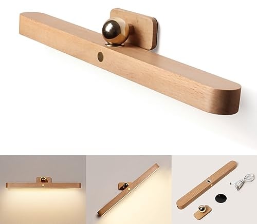 Holz Badezimmer LED Spiegelleuchte, Holz Wandleuchte, magnetische Lampe, 4000K Spiegelleuchte dimmbare, wiederaufladbare Schminkspiegelleuchte mit Berührungsschalter, Carbinet Light, warmes Licht