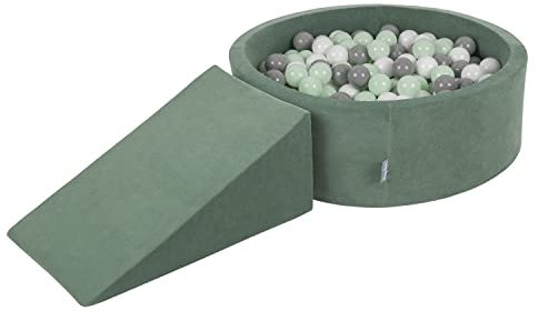 KiddyMoon Velvet Aire De Jeux en Mousse avec Rond Piscine À Balles pour Enfants (200 Balles), Vert Forêt: Blanc/Gris/Menthe
