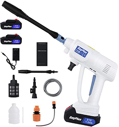 Pistola de agua de alta presión de 120 W, limpiador a presión inalámbrico, portátil con 2 baterías de iones de litio, cargador, boquillas ajustables, accesorios