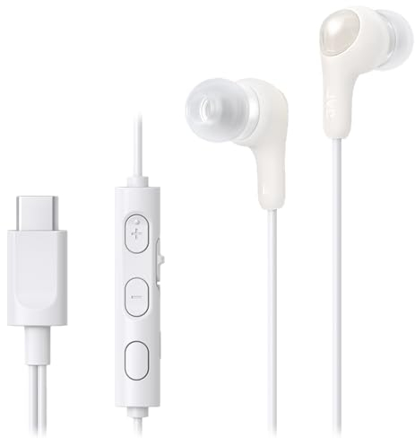 Auriculares JVC con Cable y Micro - Con USB tipo C, Sonido Potente y Claro, Control desde Botón, Anti Delay (sin Retraso de Audio) y 4 Tallas de Almohadillas Incluidas - Cascos con Micrófono HA-FR9UC