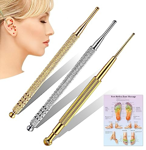 Nizirioo Lot de 3 stylos d'acupression en acier inoxydable avec ressort et illustration pour massage des pieds, bâtonnets de massage pour professionnels