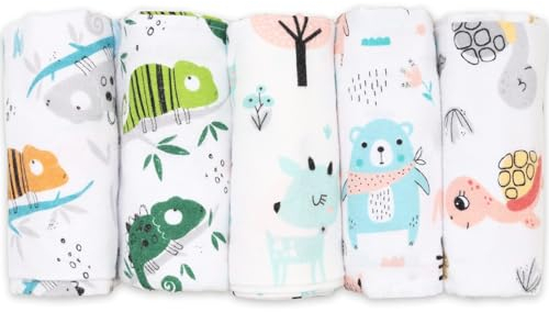 FENSILO Moltontücher, 5er Pack-Flanellwindeln aus 100% Baumwolle-80x80cm,Moltonwindel Spucktücher Baby, Spucktuch Flanell Moltontuch Unisex Spucktücher für Jungen oder Mädchen Chamäleon