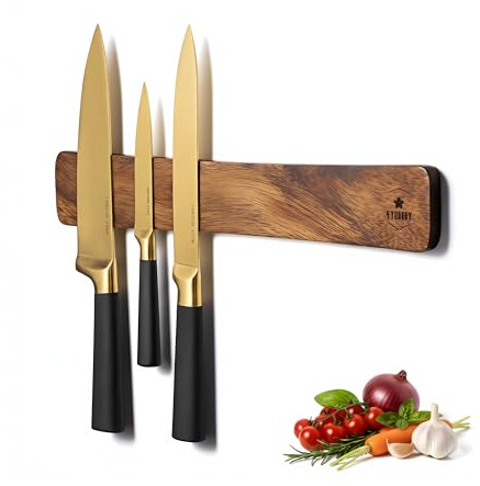 4 YORVOY Magnetic Knife Holder for Wall-16 inches long Kitchen Organizer- No Drilling Knife Magnetic Strip- Compact Utensil Holder- Acacia Wood Knife Rack- Strong Knife Magnet- Easy Installation