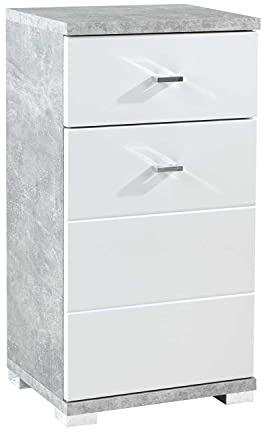 Unterschrank Badezimmerschrank Badregal Badmöbel | Dekor | Betonoptik | Weiß Hochglanz | 1 Tür | 1 Schublade | BxHxT 38x73x30 cm
