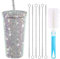 500ml Diamond Water Bottle Bling Stainless Steel Vacuum Thermal Straw Tumbler Rhinestone Tumbler with Brush Lid Glitter Diamond Studded Cups for Women Hot Coffee Cold Drinks (Silver)