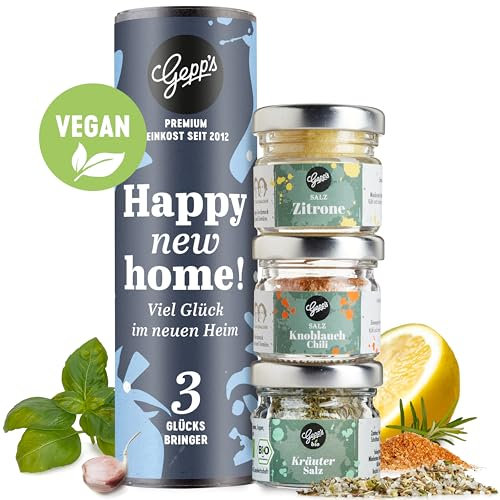Gepp's Feinkost Gewürz Geschenk zum Einzug I 3 kleine Einzugsgeschenke für Haus & Wohnung I Probierset mit Zitronensalz, Knoblauch Chili Salz & Brotzeit Gewürz I Einweihungsgeschenk, Richtfest