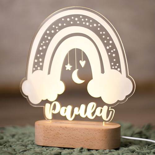 Lampara Quitamiedos Infantil Personalizada con Nombre Bebés Recien Nacidos de Metacrilato Acrilico Grabado Laser Madera con Led Luz Nocturna Mesita Noche (Arcoiris Blanco)