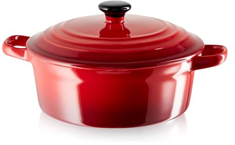 KHG Auflaufform mit Deckel, Rot 0,5 Liter klein, Keramik Steingut rund, Servierform mit Griffen, ofenfest 200°C & mikrowellenfest, Mini-Schmortopf, Mini-Bräter, Mini-Cocotte