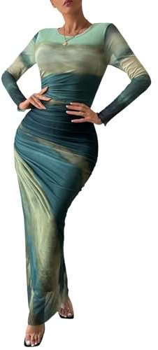 MARZXIN Womens Long Sleeve Maxi Dress Bodycon Ruched Slim Fit Tie Dye Dress, A-color156, M