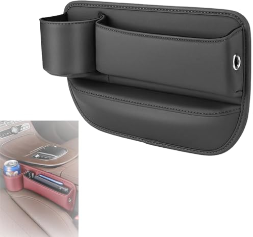 Car Leather Cup Holder Gap Bag, 2024 New Seat Gap Storage Box with Cup Holder, Leather Car Seat Storage Box, Car Seat Gap Filler Organizer (for Driver's seat,Black)