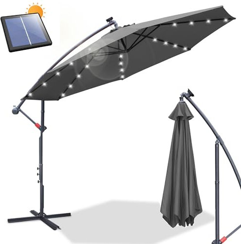 Daromigo Sonnenschirm LED Solar 300 cm Grau mit Kurbel| Alu Ampelschirm mit Ständer | Gartenschirm Sonnenschutz UV-Schutz Aluminium | Kurbelschirm Marktschirm wasserdicht für Garten
