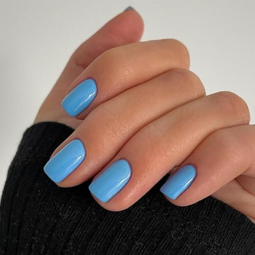 JUSTOTRY 24 Stück Babyblau Nägel Zum Aufkleben Kurz,Einfarbig Eckig Press on Nails Design,Glossy Kunstnägel Fake Nails,French Square Fingernägel Künstliche Nägel Mittel für Frauen
