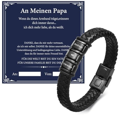 Vatertagsgeschenk Papa Herren Armband Gravur - Personalisierte Schwarz Lederarmband für Männer mit 3 Namen, Papa Leder Armband, Herrentagsgeschenke Männertag Geschenk für DAD Vater Vatertag Geburtstag