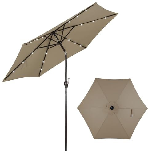 KOMFOTTEU Parasol de Jardin φ2.7 x 2.5 m avec LED et Manivelle, Parasol de Balcon pliable et inclinable, Parasol de Cour en Tissu polyester, Support en Fer, pour Terrasse, Piscine, Patio (Marron)