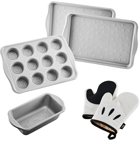 Farberware Disney Bake mit Mickey Mouse Antihaft-Backformen-Set, Backformen mit Disney Home Ofenhandschuhen, Keksformen, Muffin/Cupcake und Kastenform, 6-teilig, Schwarz