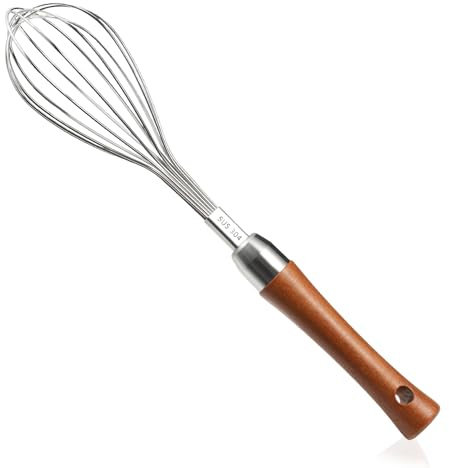 Fouet métallique en acier inoxydable – Fouet de cuisine avec manche en bois – Fouet ballon pour mélanger les œufs, la sauce, la pâte à gâteau, la farine ou les sauces