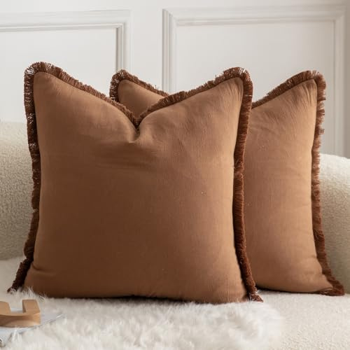 Mandioo 2er Set neutralen Baumwolle Quasten Kissenbezug 45x45cm Dekorative Kissenbezüge Dekokissen Boho Sofakissen Kissenhülle für Couch Sofa Schlafzimmer Wohnzimmer Heimdekoration Braun