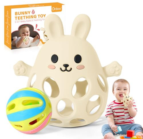Orzbow Rassel Baby, Multifunktions Beißring Baby mit Rassel, Greifball für Babys über 3 Monate, Leichtgewicht, Leicht Greifen & Reinigen, Atmungsaktiv, Cremefarbener Hase