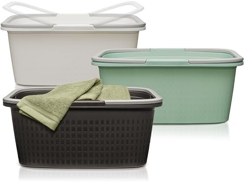 Hausfelder Wäschekorb 3er Set 58x37x25cm, Wäschewanne und Wäschesammler mit Tragegriff, Wanne 35l (Farbmix, 3 Wannen)