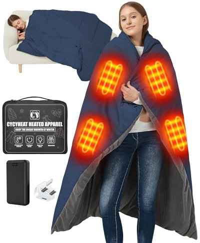 CYCYHEAT 20000mAh Heated Blanket Battery Operated - 7.4V DC Portable Wireless Cordless USB Heating Blanket for Outdoors (Blue+DC 20000mAh Battery, Extra Blanket-57×48 inches)