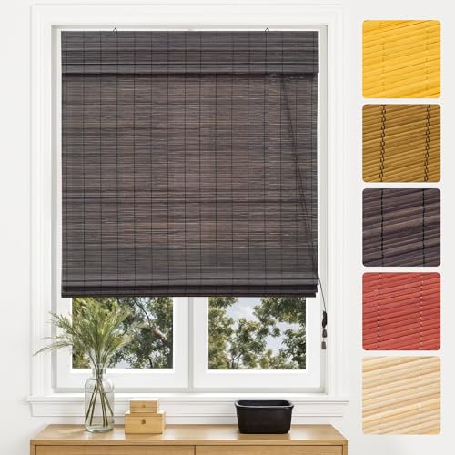 Victoria M. Bambus Raffrollo Sonnenschutz Sichtschutz Rollo Seitenzugrollo, für Fenster und Türen, Blickdicht, 120 x 130 cm, Dunkelbraun