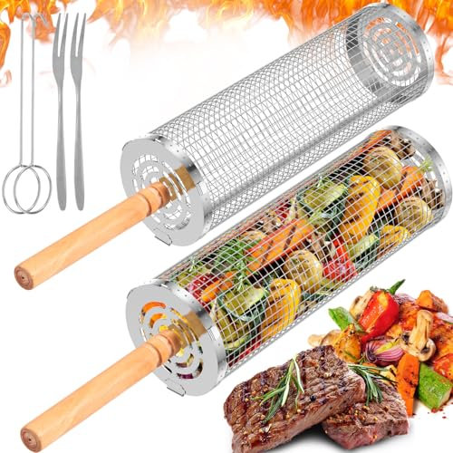 Grillkörbe mit Holzgriff Grillkorb Rollgrill Edelstahl Grillnetz Tragbar Rundrohr Rollgrillnetz Rollgrillkorb für Grill Küche Cam