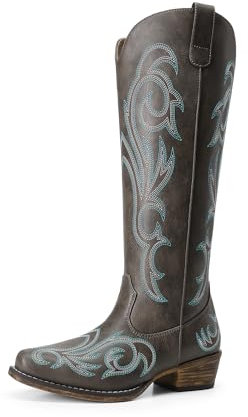 DREAM PAIRS Stivali da Cowboy da Donna Comodi Stivali Alti Fino al Ginocchio da Cowgirl con Cerniera Laterale Tacco Grosso Stivali Western Ricamati,Size 38,Marrone Scuro,DWUMKB2502