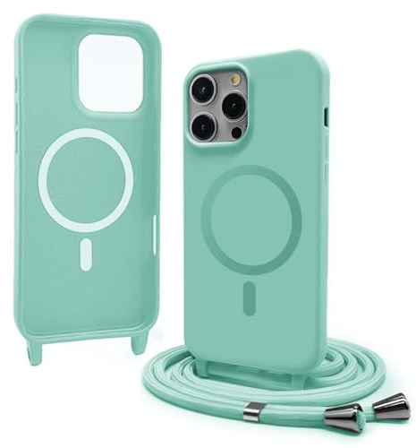 Bigcousin Coque Magnétique pour iPhone 14 Pro avec Cordon,[Compatible avec MagSafe],Silicone avec Collier Case Portable Cover,Réglable Collier Lanyard Case,Menthe Verte