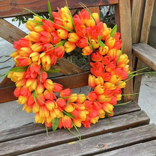 45 cm Künstliche Tulpenkränze, Tulpen Kranz Künstliche Tulpe Blumenkranz, Frühling Simulation Kranz, Blumenzweige, Blumen Frühlings Türkranz Kranz für Zuhause, Hochzeitsdekoration (Orange,45cm)
