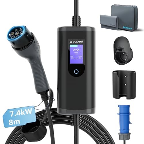 Bokman EV Charger 7kW Type 2 to CEE Plug, 8M / 6-32A Adjustable Current / 1 Phase / IP65 Waterproof, Electric Car Charging Cable with LED Display and Commando Plug