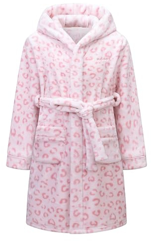 BuyiRen Boys Girls Dressing Gown Kids Robes - Flannel Hooded Robe Loungewear with Silk Eye Mask, Pink Hearts, 8-9 Years