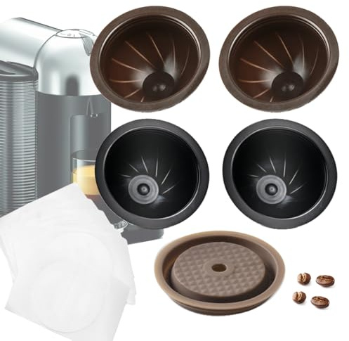 RTXANFYZ 5Pcs Reusable Capsules Pods Refillable Coffee Capsules VrtuoLine for Nespr*sso with 1Pcs Reusable Silicone Lids 10pcs Aluminum Foil (Black(230ml)/ Brown(150ml)+ 1pc Silicone Lid)