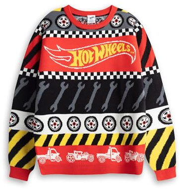 Hot Wheels Boys Red Black Yellow Tyre & Spanner Fairisle Christmas Jumper | Long Sleeve Crew Neck Winter Wear for Christmas | Fun Kids Knitwear Merch